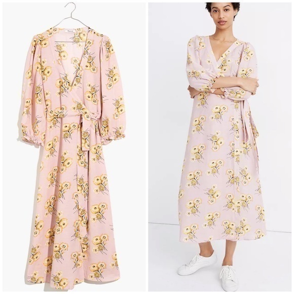 Madewell linen blend ruffle cup wrap dress.